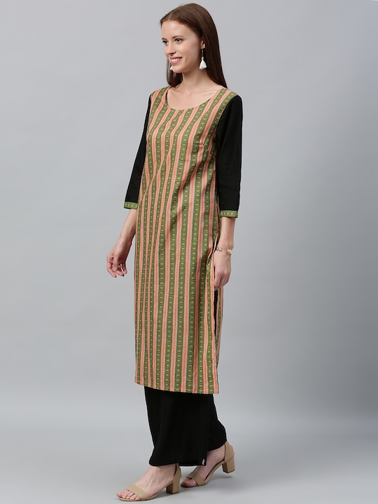 Anouk Women Striped Straight Kurta with Contrast Sleeves