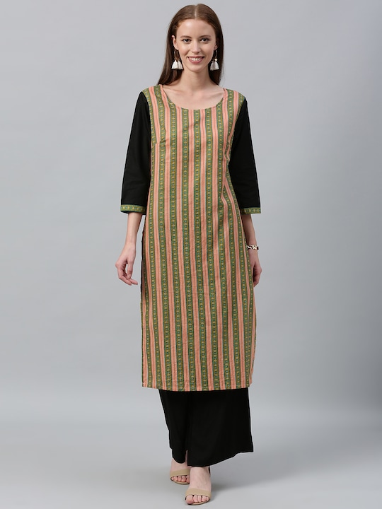 Anouk Women Striped Straight Kurta with Contrast Sleeves