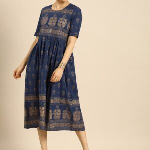 Anouk Navy Blue & Gold-Toned Ethnic Motifs Ethnic A-Line Midi Dress