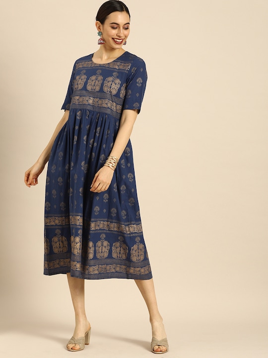 Anouk Navy Blue & Gold-Toned Ethnic Motifs Ethnic A-Line Midi Dress