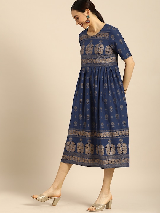 Anouk Navy Blue & Gold-Toned Ethnic Motifs Ethnic A-Line Midi Dress