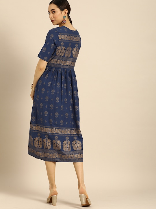 Anouk Navy Blue & Gold-Toned Ethnic Motifs Ethnic A-Line Midi Dress