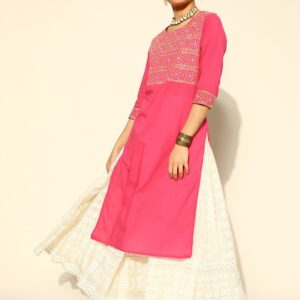 HERE&NOW Women Pure Cotton Ethnic Motifs Yoke Design Thread Work Kurta