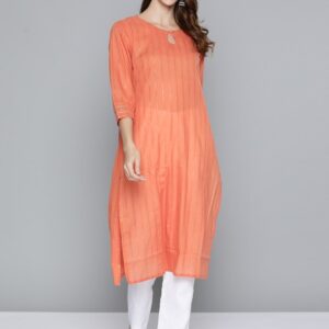 HERE&NOW Women Keyhole Neck Straight Pure Cotton Kurta