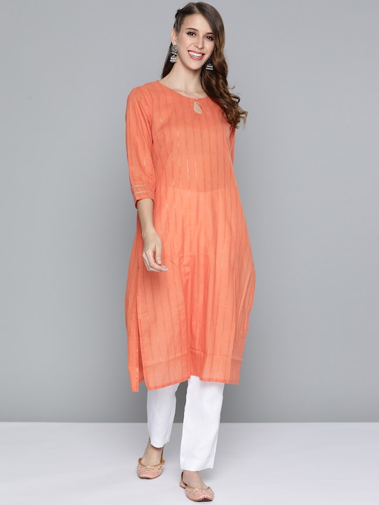 HERE&NOW Women Keyhole Neck Straight Pure Cotton Kurta