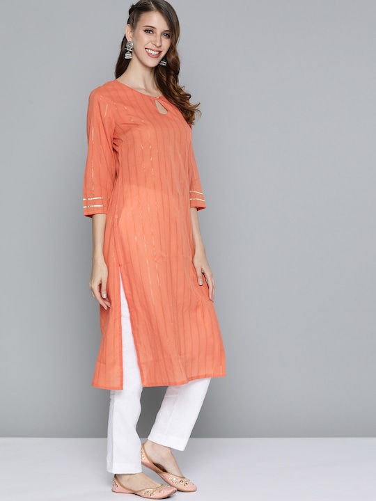 HERE&NOW Women Keyhole Neck Straight Pure Cotton Kurta