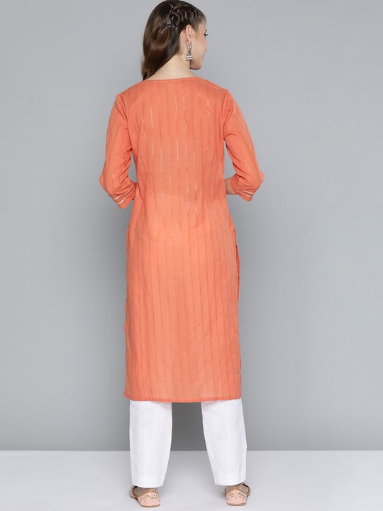 HERE&NOW Women Keyhole Neck Straight Pure Cotton Kurta