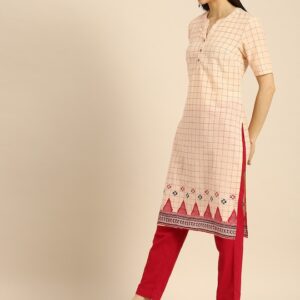 Anouk Women Off White & Pink Checked Kurta