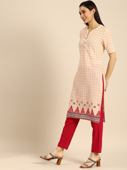 Anouk Women Off White & Pink Checked Kurta