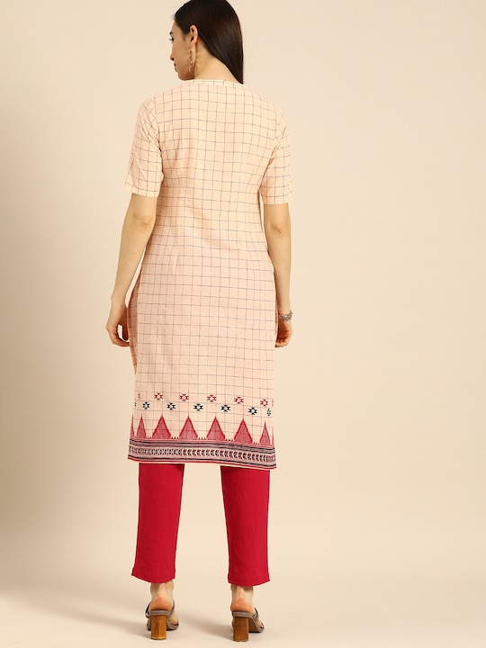 Anouk Women Off White & Pink Checked Kurta