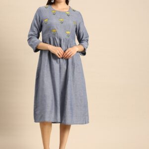 Anouk Blue Embroidered Pure Cotton A-Line Dress