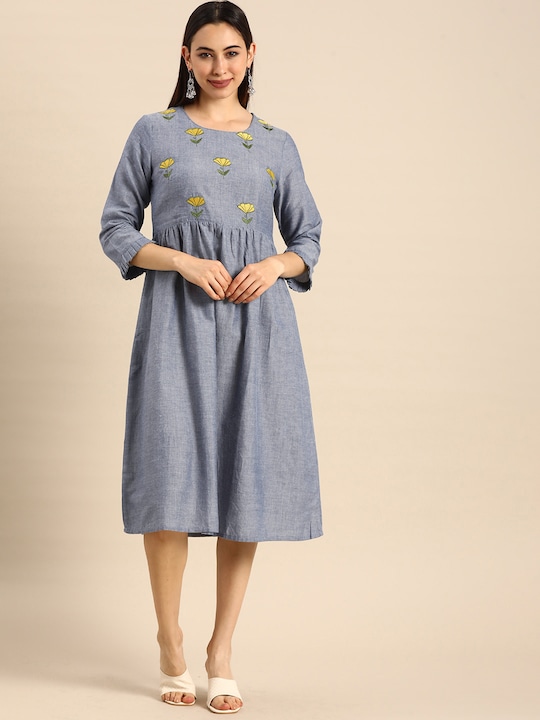 Anouk Blue Embroidered Pure Cotton A-Line Dress