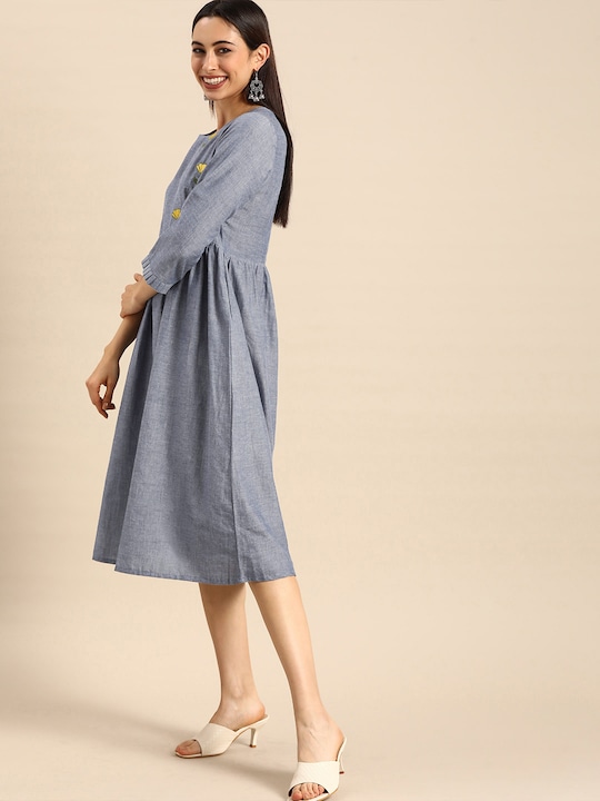 Anouk Blue Embroidered Pure Cotton A-Line Dress