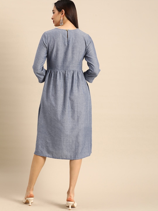 Anouk Blue Embroidered Pure Cotton A-Line Dress