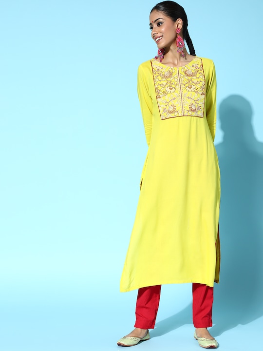 HERE&NOW Women Thread Work Yoke Design Kurta