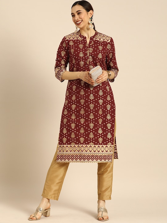 Anouk Women Gold-Toned Ethnic Motifs Foil Printed Kurta