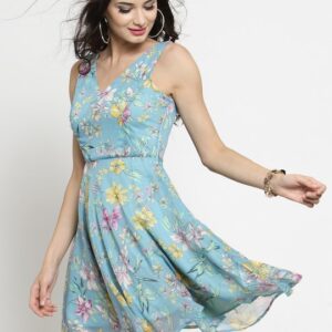 Sera Women Blue Printed Fit and Flare Dress