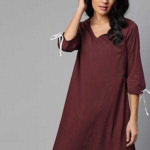 Harvard Maroon Solid Puff Sleeves A-Line Dress