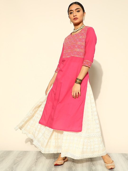 HERE&NOW Women Pure Cotton Ethnic Motifs Yoke Design Thread Work Kurta