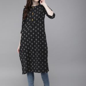 Anouk Women Black & Grey Printed Straight Kurta