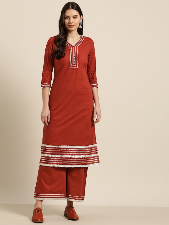 Sangria Women Pure Cotton Gotta Patti Kurta with Palazzos