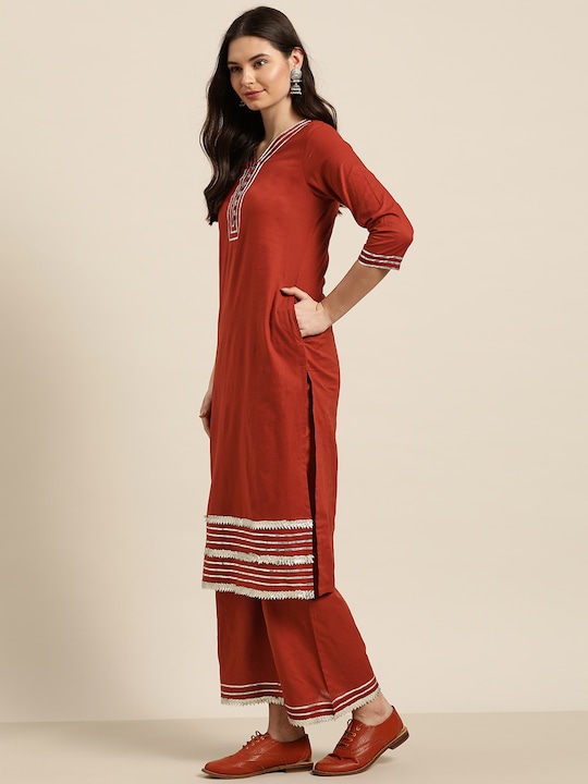 Sangria Women Pure Cotton Gotta Patti Kurta with Palazzos