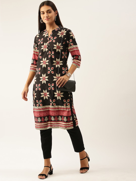 Anouk Women Black & Beige Ethnic Motifs Printed Kurta