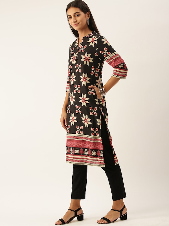 Anouk Women Black & Beige Ethnic Motifs Printed Kurta