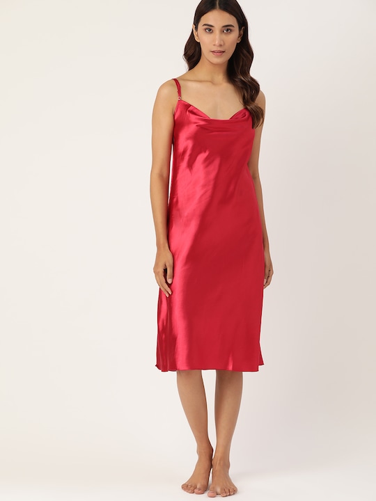 ETC Solid Satin Finish Styled Back Midi Nightdress