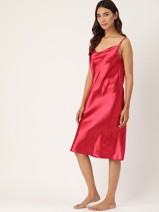 ETC Solid Satin Finish Styled Back Midi Nightdress