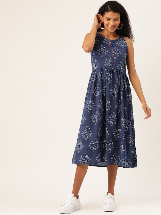 Taavi Women Hand Block Print A-Line Sustainable Dress with Gathers Detail