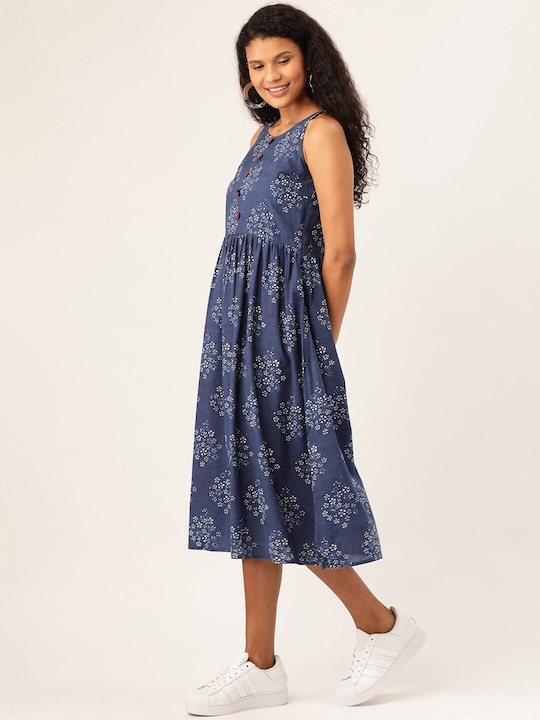 Taavi Women Hand Block Print A-Line Sustainable Dress with Gathers Detail