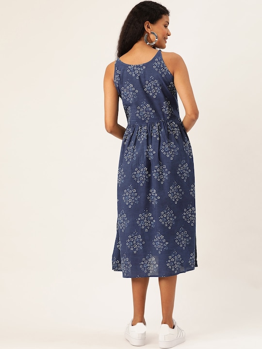 Taavi Women Hand Block Print A-Line Sustainable Dress with Gathers Detail