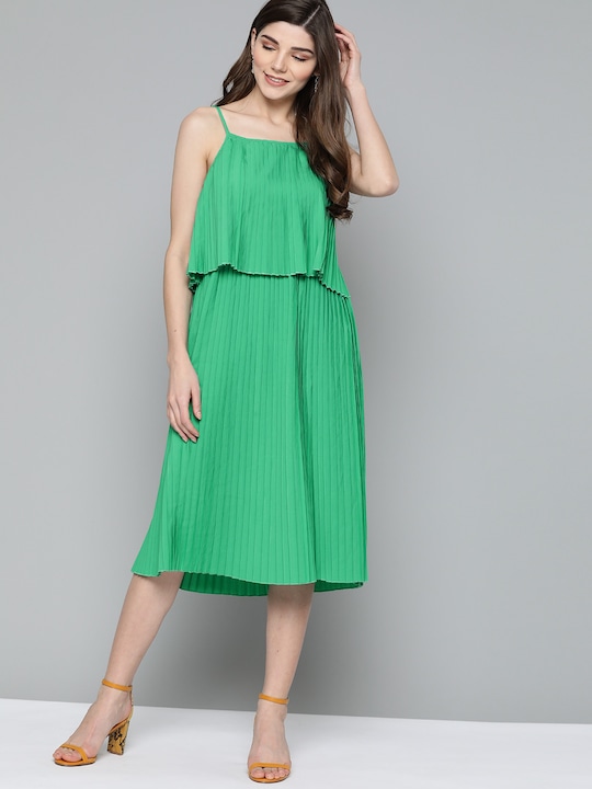 HERE&NOW Women Solid Acordian Pleats A-Line Dress