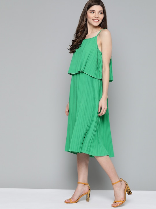 HERE&NOW Women Solid Acordian Pleats A-Line Dress