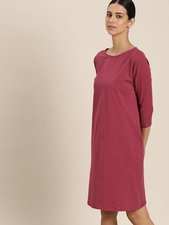 ether Women Maroon Solid T-Shirt Dress