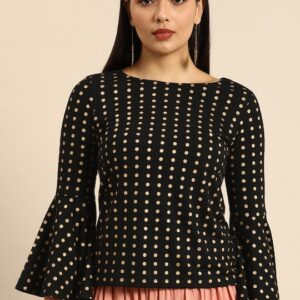 Anouk Gold-Toned Polka Dot Printed Bell Sleeves Knitted Regular Top