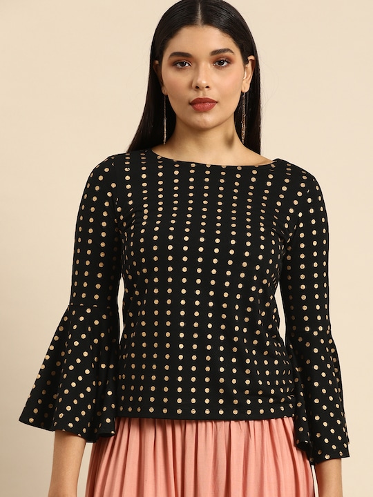 Anouk Gold-Toned Polka Dot Printed Bell Sleeves Knitted Regular Top