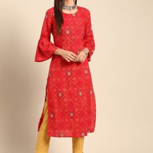 Anouk Women Ethnic Motifs Printed Pure Cotton Bell Sleeves Straight Kurta