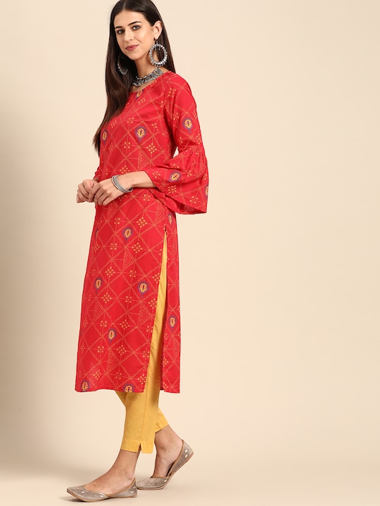 Anouk Women Ethnic Motifs Printed Pure Cotton Bell Sleeves Straight Kurta