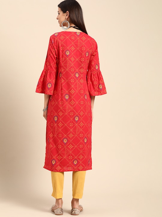 Anouk Women Ethnic Motifs Printed Pure Cotton Bell Sleeves Straight Kurta