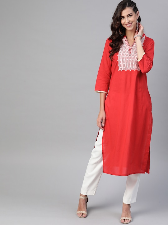 HERE&NOW Women Geometric Yoke Design Pure Cotton Mirror Work Kurta