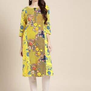 Sangria Women Pleated Floral Printed Straight Kurta