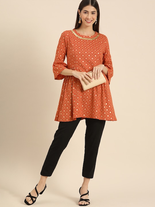 all about you Ethnic Motifs Printed Flared Sleeves Sequinned Kurti