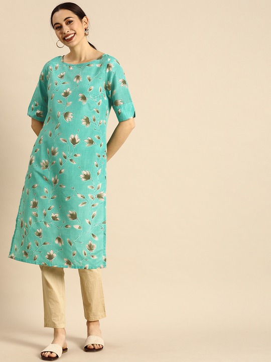 Anouk Women Sea Green Floral Printed Kurta