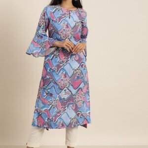 Sangria Women Ethnic Motifs Printed Keyhole Neck Bell Sleeves Kurta