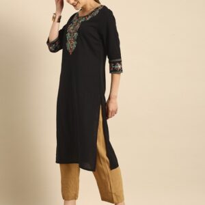 Anouk Women Black Embroidered Pure Cotton Kurta