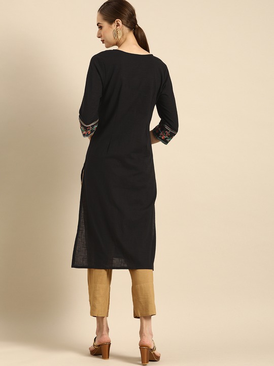 Anouk Women Black Embroidered Pure Cotton Kurta