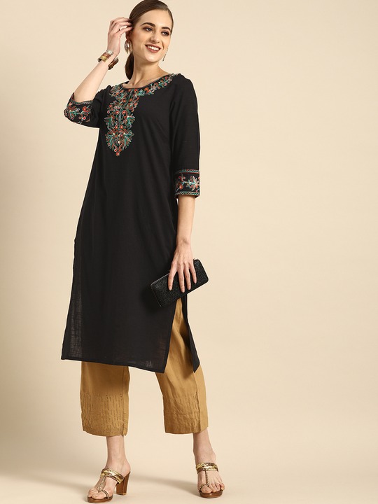 Anouk Women Black Embroidered Pure Cotton Kurta