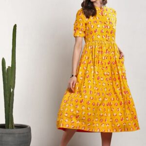 Sangria Floral Printed Cotton A-Line Dress